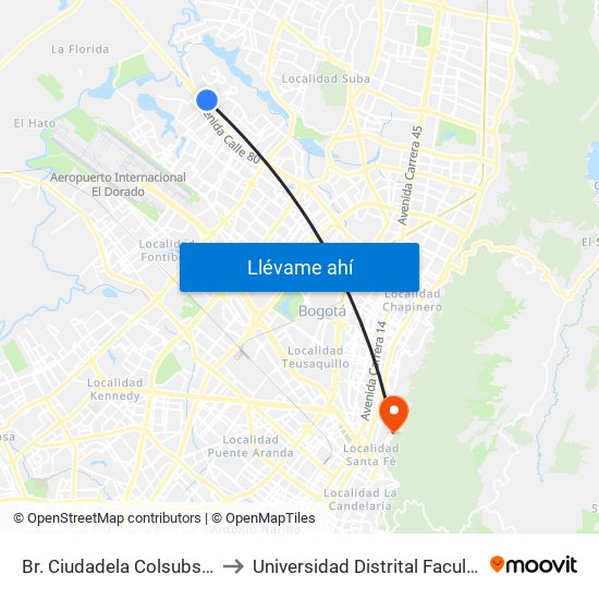 Br. Ciudadela Colsubsidio (Kr 114 - Ac 80) to Universidad Distrital Facultad Del Medio Ambiente map