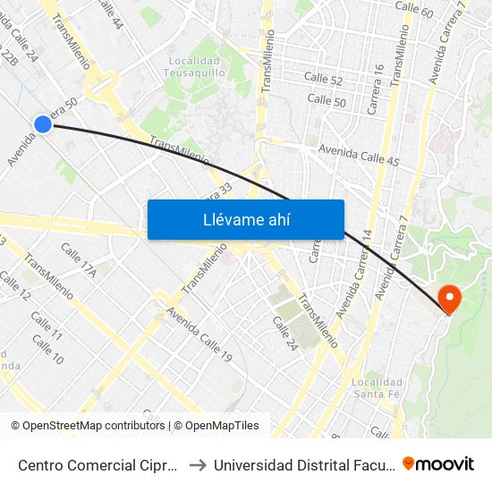 Centro Comercial Ciprés Plaza (Ak 50 - Cl 21) to Universidad Distrital Facultad Del Medio Ambiente map