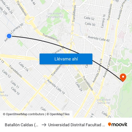 Batallón Caldas (Ak 50 - Cl 19) to Universidad Distrital Facultad Del Medio Ambiente map