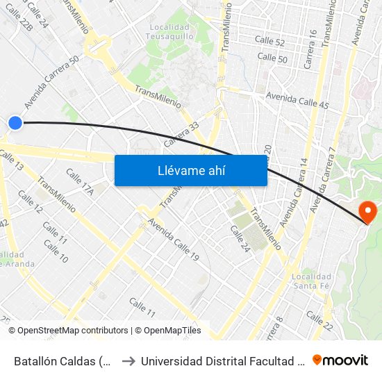 Batallón Caldas (Ak 50 - Ac 17) to Universidad Distrital Facultad Del Medio Ambiente map