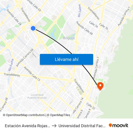 Estación Avenida Rojas (Ac 26 - Kr 69d Bis) (A) to Universidad Distrital Facultad Del Medio Ambiente map