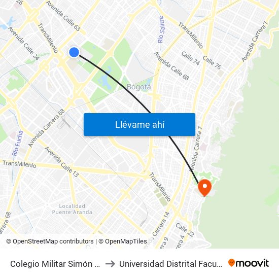 Colegio Militar Simón Bolívar (Ak 70 - Cl 51) to Universidad Distrital Facultad Del Medio Ambiente map