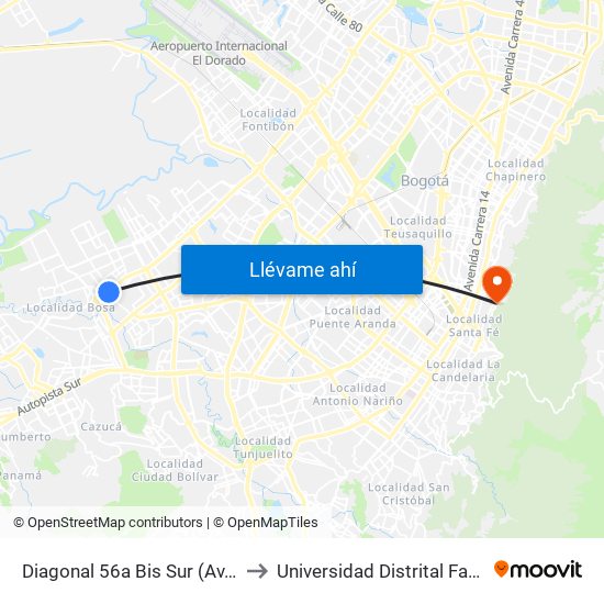 Diagonal 56a Bis Sur (Av. C. De Cali - Dg 56a Bis Sur) to Universidad Distrital Facultad Del Medio Ambiente map