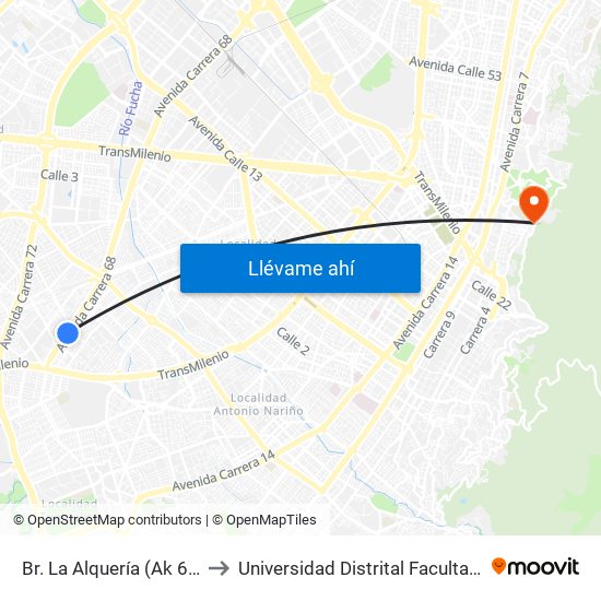 Br. La Alquería (Ak 68 - Cl 40 Sur) (A) to Universidad Distrital Facultad Del Medio Ambiente map