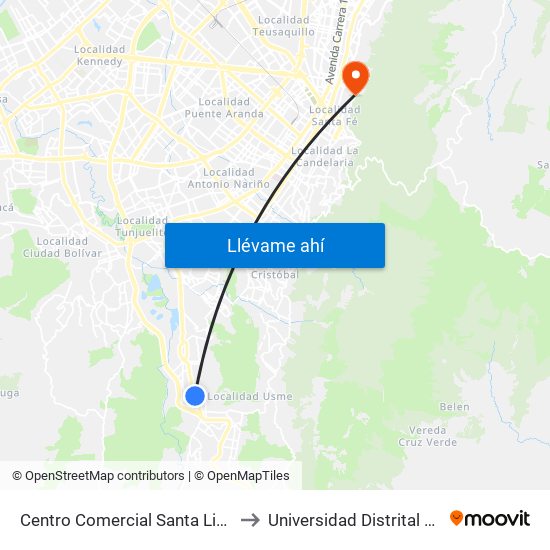 Centro Comercial Santa Librada (Av. Caracas - Cl 74c Sur) (A) to Universidad Distrital Facultad Del Medio Ambiente map