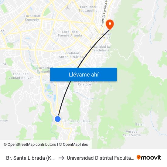 Br. Santa Librada (Kr 14l - Cl 73b Sur) to Universidad Distrital Facultad Del Medio Ambiente map