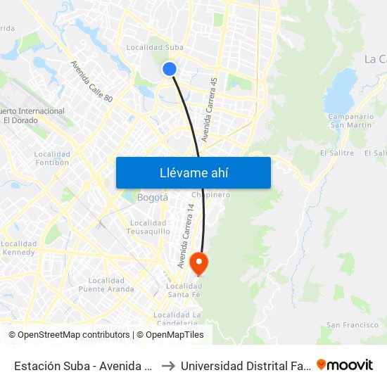 Estación Suba - Avenida Boyacá (Av. Boyacá - Cl 128b) to Universidad Distrital Facultad Del Medio Ambiente map