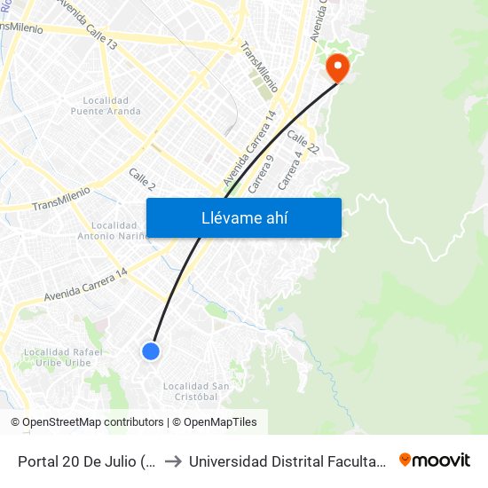 Portal 20 De Julio (Kr 5 - Cl 31 Sur) to Universidad Distrital Facultad Del Medio Ambiente map