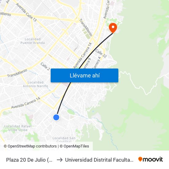 Plaza 20 De Julio (Kr 6 - Cl 24 Sur) to Universidad Distrital Facultad Del Medio Ambiente map