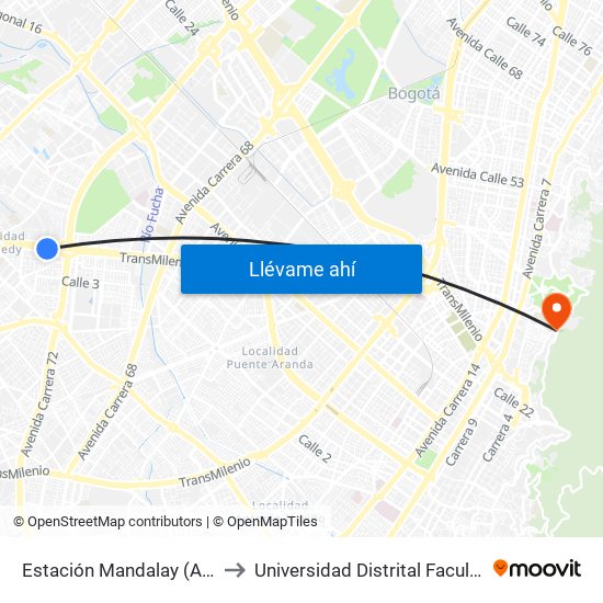 Estación Mandalay (Av. Américas - Kr 73c) to Universidad Distrital Facultad Del Medio Ambiente map