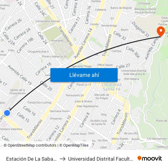 Estación De La Sabana (Ak 18 - Ac 13) to Universidad Distrital Facultad Del Medio Ambiente map