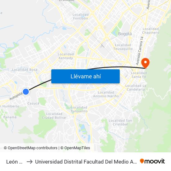León XIII to Universidad Distrital Facultad Del Medio Ambiente map