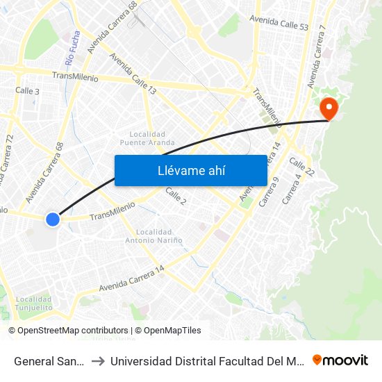 General Santander to Universidad Distrital Facultad Del Medio Ambiente map