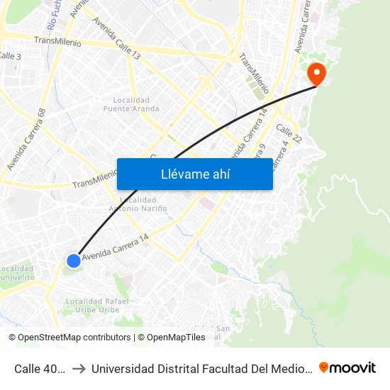 Calle 40 Sur to Universidad Distrital Facultad Del Medio Ambiente map