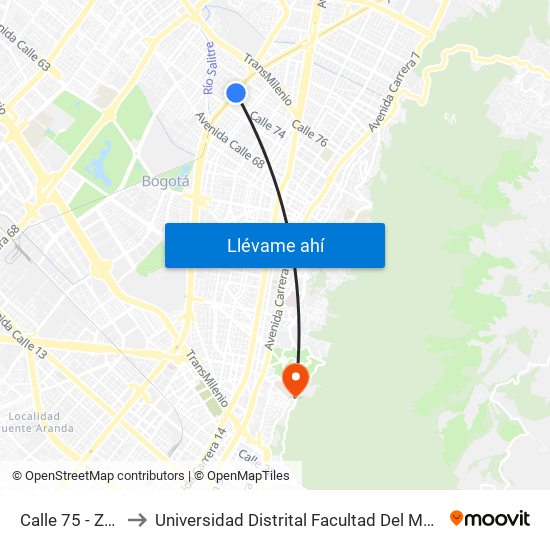 Calle 75 - Zona M to Universidad Distrital Facultad Del Medio Ambiente map