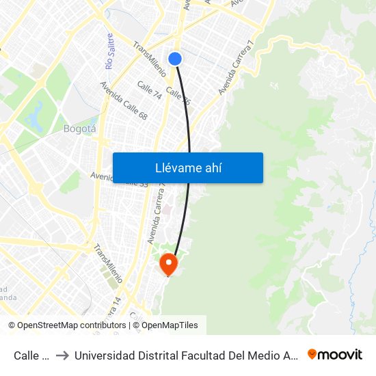 Calle 85 to Universidad Distrital Facultad Del Medio Ambiente map