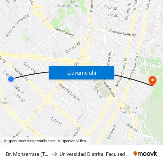 Br. Monserrate (Tv 42 - Cl 11a) to Universidad Distrital Facultad Del Medio Ambiente map