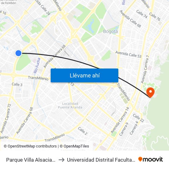 Parque Villa Alsacia (Cl 11a - Kr 72a) to Universidad Distrital Facultad Del Medio Ambiente map