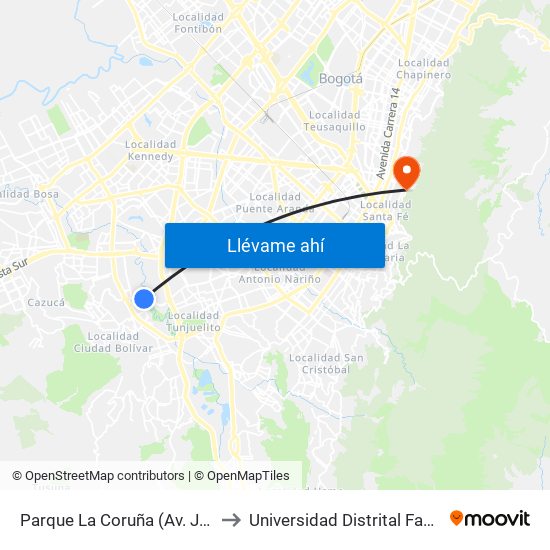 Parque La Coruña (Av. J. Gaitán C. - Cl 58a Sur) (A) to Universidad Distrital Facultad Del Medio Ambiente map