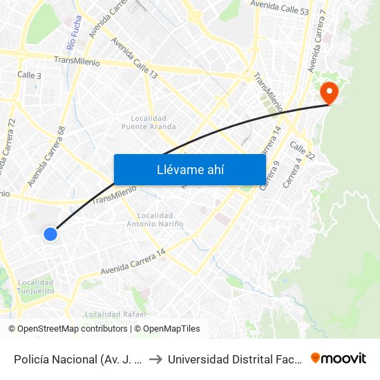 Policía Nacional (Av. J. Gaitán C. - Cl 47 Sur) (A) to Universidad Distrital Facultad Del Medio Ambiente map