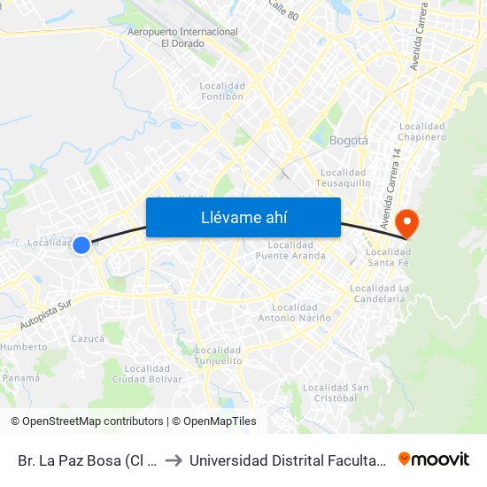 Br. La Paz Bosa (Cl 62 Sur - Kr 82c) to Universidad Distrital Facultad Del Medio Ambiente map