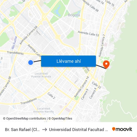 Br. San Rafael (Cl 5a - Kr 53c) to Universidad Distrital Facultad Del Medio Ambiente map