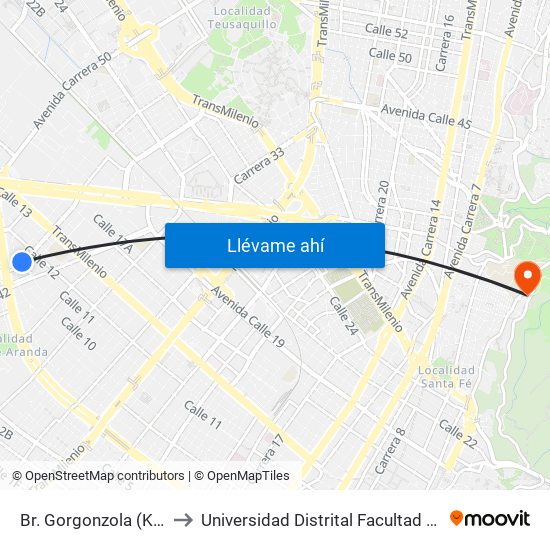 Br. Gorgonzola (Kr 43 - Cl 10a) to Universidad Distrital Facultad Del Medio Ambiente map