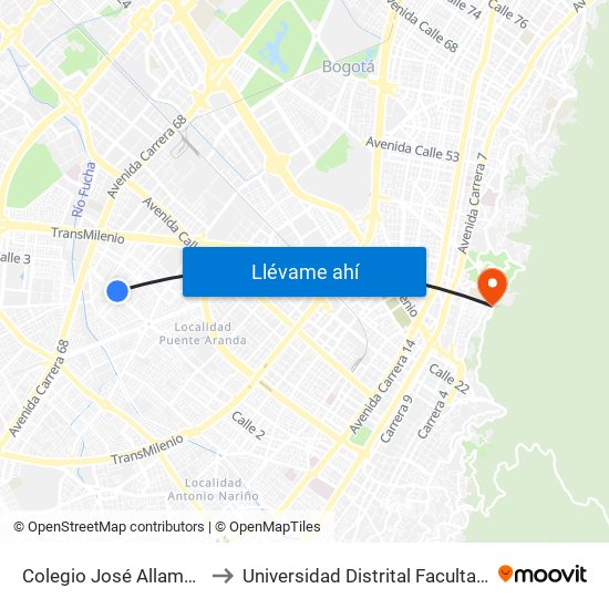 Colegio José Allamano (Kr 56 - Ac 3) to Universidad Distrital Facultad Del Medio Ambiente map