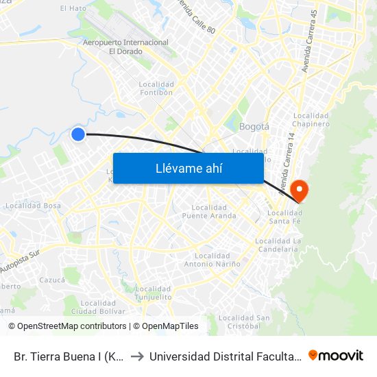 Br. Tierra Buena I (Kr 99a - Cl 26 Sur) to Universidad Distrital Facultad Del Medio Ambiente map