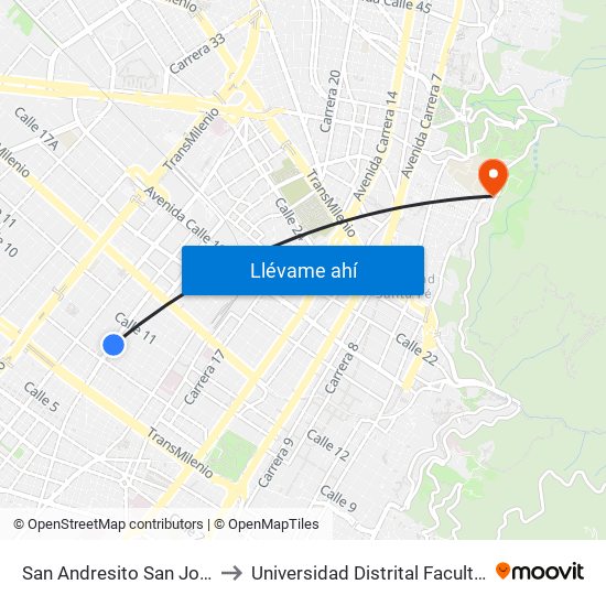 San Andresito San José (Kr 24 - Cl 9) (B) to Universidad Distrital Facultad Del Medio Ambiente map