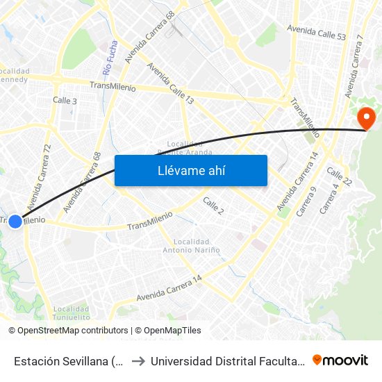 Estación Sevillana (Auto Sur - Kr 57) to Universidad Distrital Facultad Del Medio Ambiente map