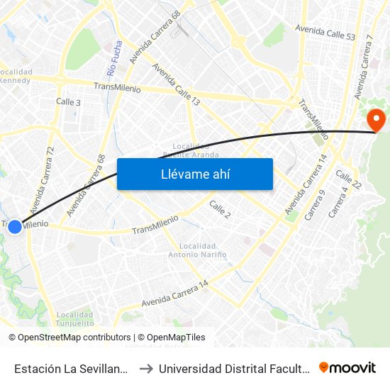 Estación La Sevillana (Auto Sur - Kr 60) to Universidad Distrital Facultad Del Medio Ambiente map