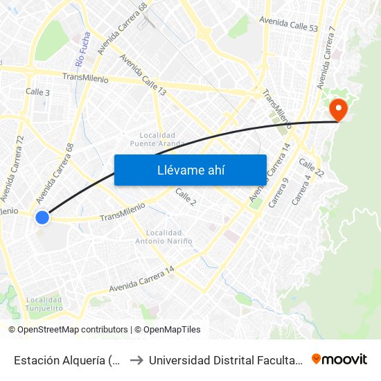 Estación Alquería (Auto Sur - Kr 51) to Universidad Distrital Facultad Del Medio Ambiente map