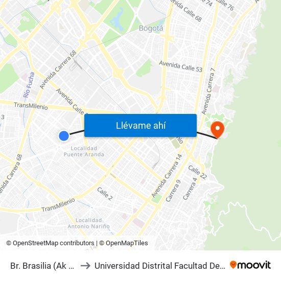 Br. Brasilia (Ak 50 - Cl 4c) to Universidad Distrital Facultad Del Medio Ambiente map