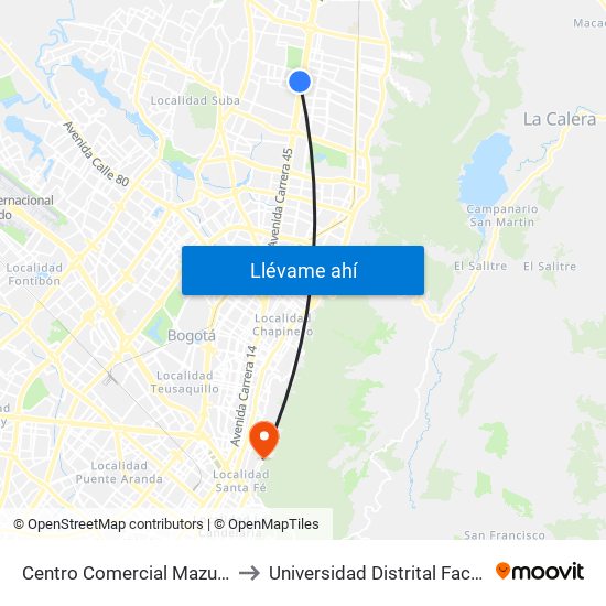 Centro Comercial Mazurén (Cl 152 - Auto Norte) to Universidad Distrital Facultad Del Medio Ambiente map