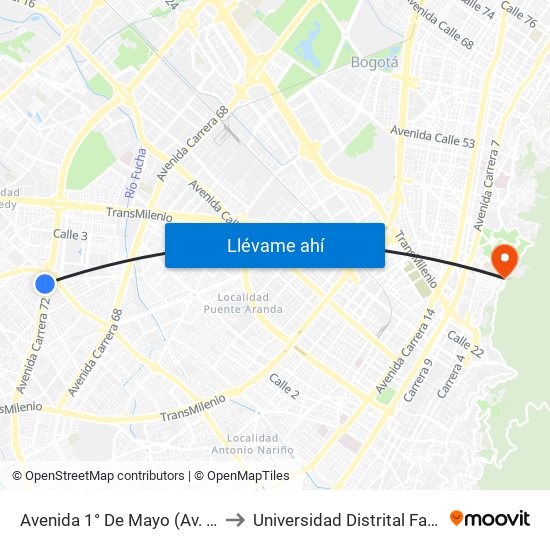 Avenida 1° De Mayo (Av. Boyacá - Av. 1 De Mayo) (A) to Universidad Distrital Facultad Del Medio Ambiente map