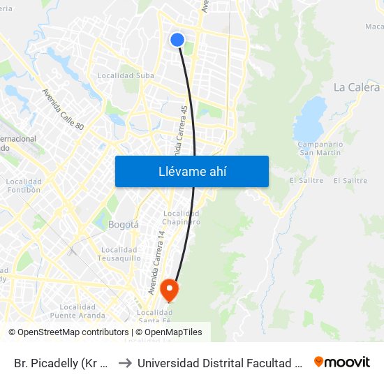 Br. Picadelly (Kr 55a - Cl 163) to Universidad Distrital Facultad Del Medio Ambiente map