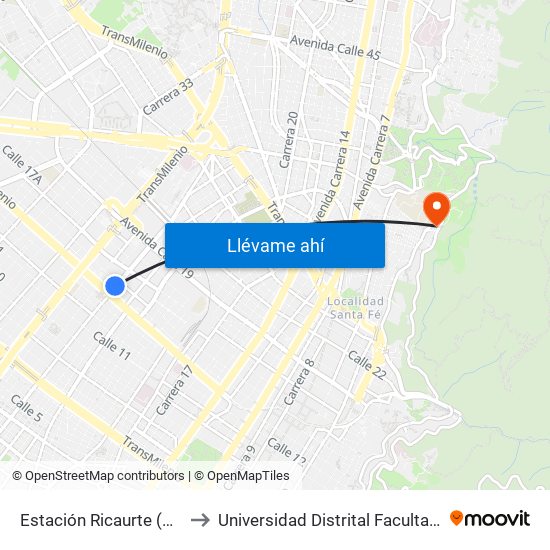 Estación Ricaurte (Ak 27 - Ac 13) (B) to Universidad Distrital Facultad Del Medio Ambiente map