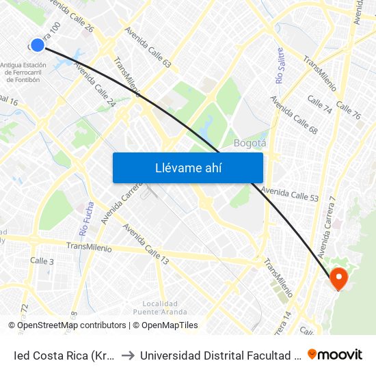 Ied Costa Rica (Kr 100 - Cl 23b) to Universidad Distrital Facultad Del Medio Ambiente map