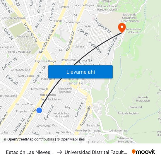 Estación Las Nieves (Ac 19 - Kr 9) (B) to Universidad Distrital Facultad Del Medio Ambiente map