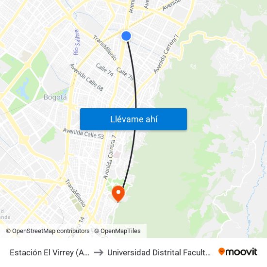 Estación El Virrey (Auto Norte - Cl 88) to Universidad Distrital Facultad Del Medio Ambiente map