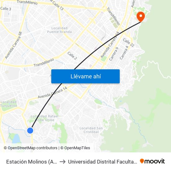 Estación Molinos (Av. Caracas - Kr 7) to Universidad Distrital Facultad Del Medio Ambiente map