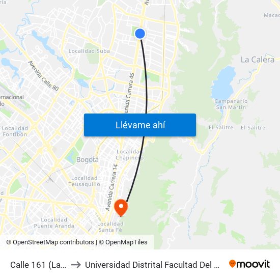 Calle 161 (Lado Sur) to Universidad Distrital Facultad Del Medio Ambiente map