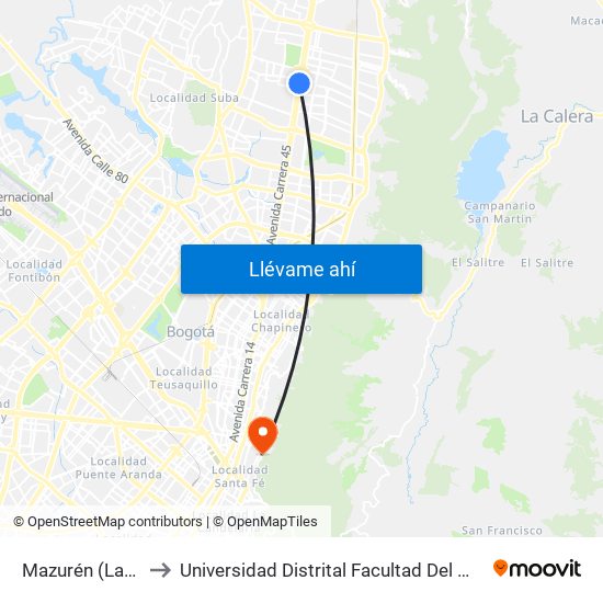 Mazurén (Lado Sur) to Universidad Distrital Facultad Del Medio Ambiente map