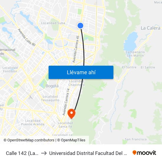 Calle 142 (Lado Sur) to Universidad Distrital Facultad Del Medio Ambiente map
