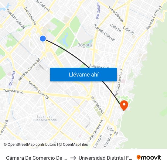 Cámara De Comercio De Bogotá - Salitre (Ac 26 - Kr 69) to Universidad Distrital Facultad Del Medio Ambiente map