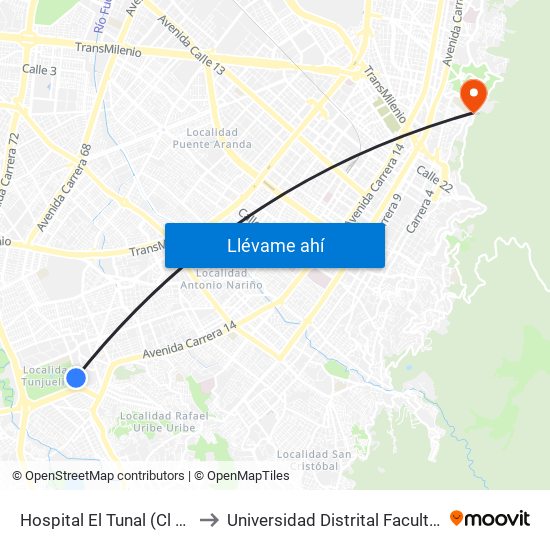Hospital El Tunal (Cl 48b Sur - Kr 21) (B) to Universidad Distrital Facultad Del Medio Ambiente map