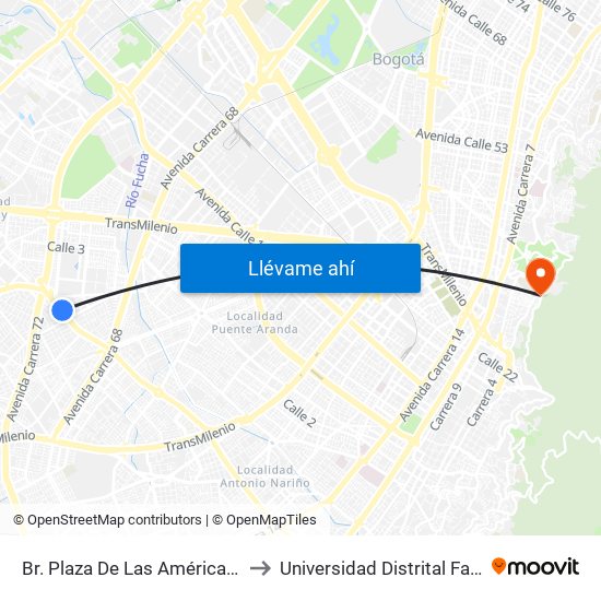 Br. Plaza De Las Américas (Av. 1 De Mayo - Kr 69c) (D) to Universidad Distrital Facultad Del Medio Ambiente map