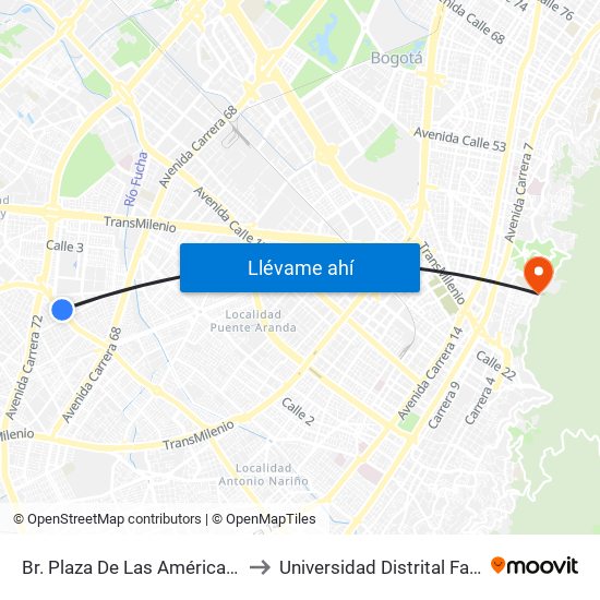 Br. Plaza De Las Américas (Av. 1 De Mayo - Kr 69c) (E) to Universidad Distrital Facultad Del Medio Ambiente map