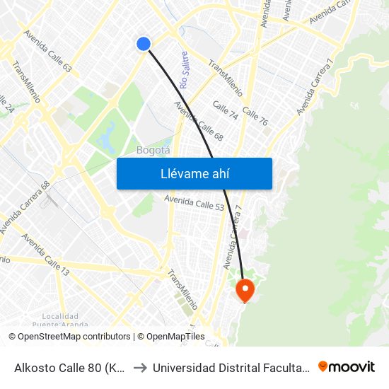 Alkosto Calle 80 (Kr 68c - Cl 73 Bis) to Universidad Distrital Facultad Del Medio Ambiente map